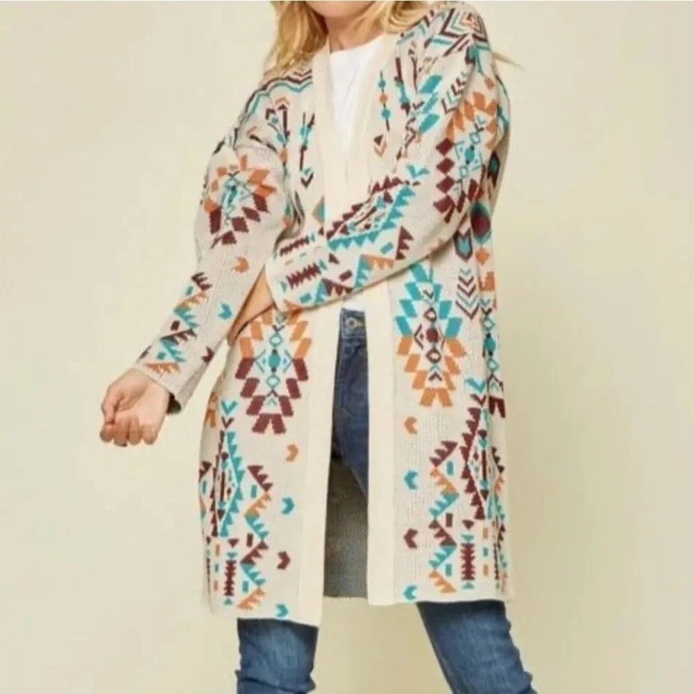 SAVANNA JANE Let's Get It Cream Open Front Knit Aztec Cardigan Sweater Boho S